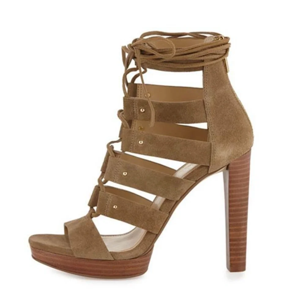 MICHAEL KORS Sofia Lace Up Platform Gladiator Sandal Tan Desert Brown 11